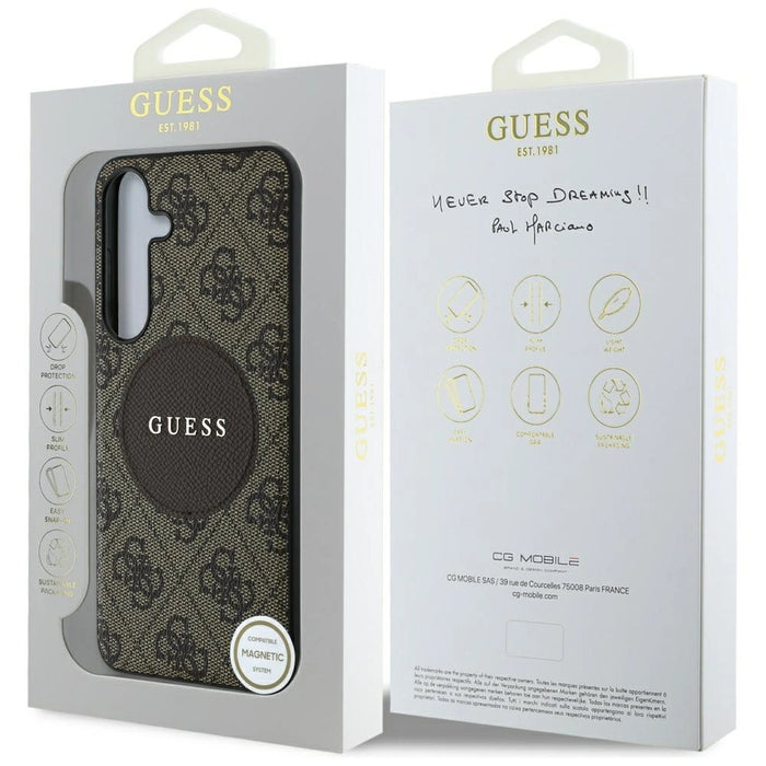 Калъф Guess 4G Round Patch Classic Logo MagSafe за Samsung Galaxy S25 Plus кафяв