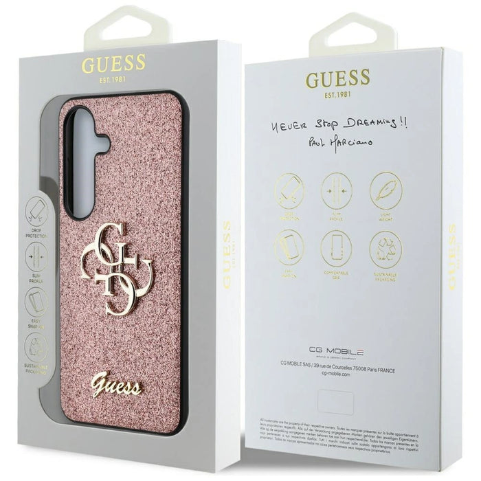 Калъф Guess Fixed Glitter Big 4G с метално лого за Samsung Galaxy S25 Pink