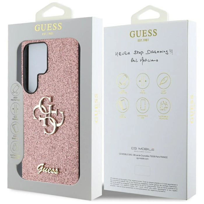 Калъф с голямо 4G метално лого Guess Fixed Glitter за Samsung Galaxy S25 Ultra Pink