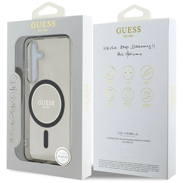 Калъф Guess Glitter Circle Classic Logo MagSafe за Samsung Galaxy S25 черен