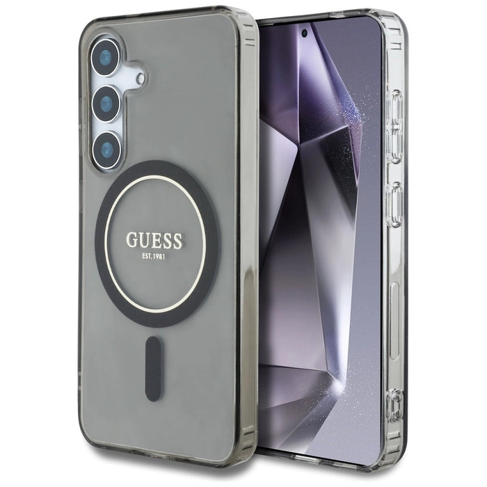 Калъф Guess Glitter Circle Classic Logo MagSafe за Samsung Galaxy S25 черен
