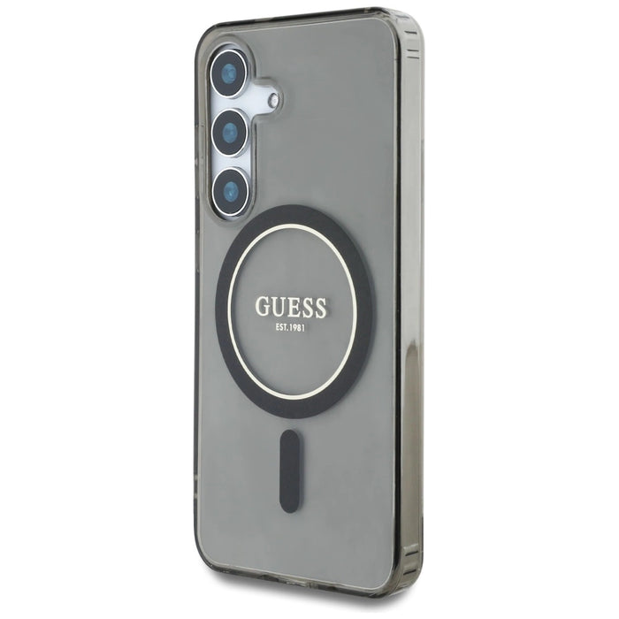 Калъф Guess Glitter Circle Classic Logo MagSafe за Samsung Galaxy S25 черен