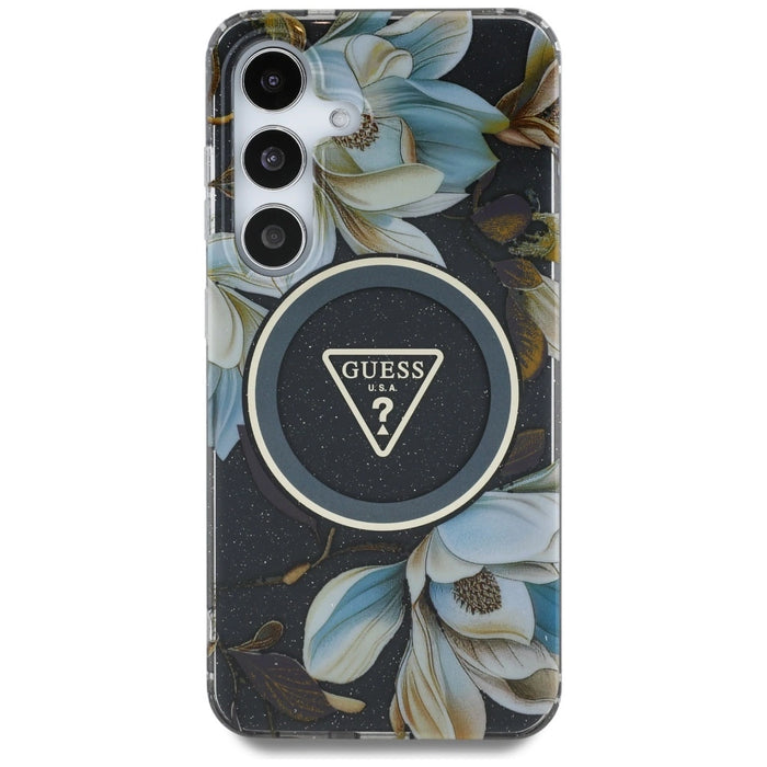 Калъф Guess Glitter Flowers Triangle Buttons MagSafe за Samsung Galaxy S25 черен
