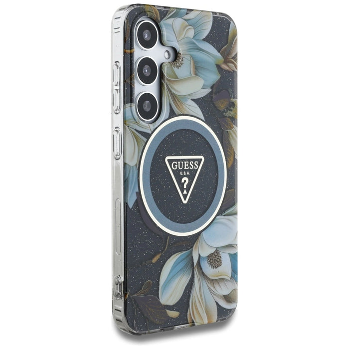 Калъф Guess Glitter Flowers Triangle Buttons MagSafe за Samsung Galaxy S25 черен