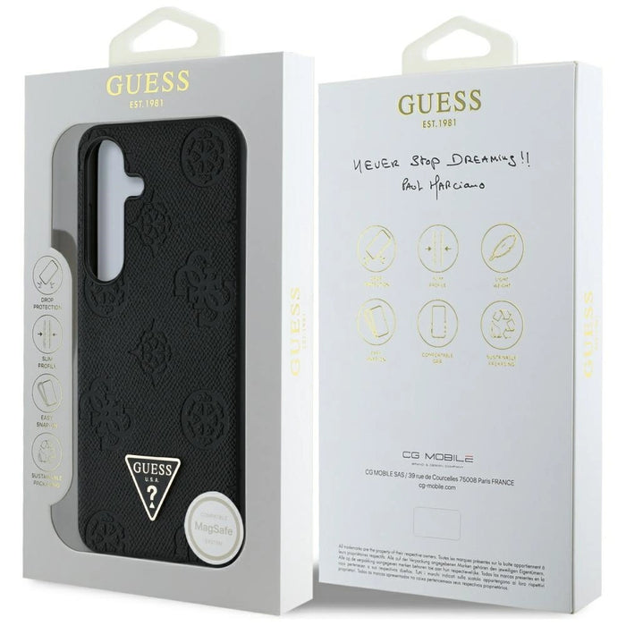 Калъф Guess Grained Hot Stamp Peony Pattern Triangle Logo MagSafe Case за Samsung Galaxy S25 Черен