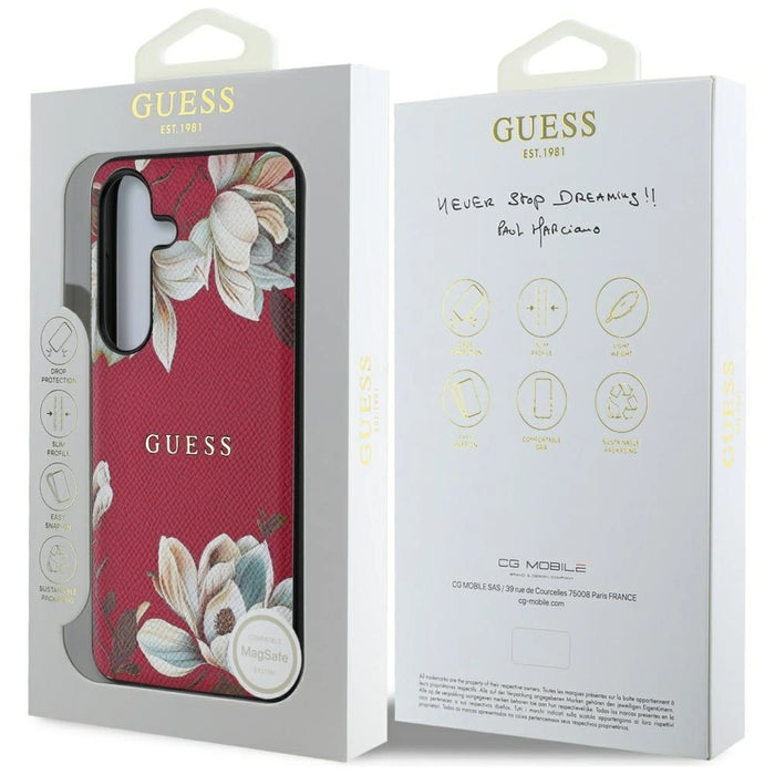 Калъф Guess Grained Printed Flower Pattern MagSafe за Samsung Galaxy S25 фуксия