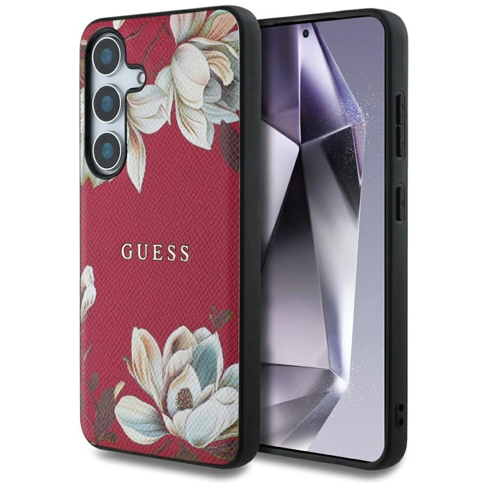 Калъф Guess Grained Printed Flower Pattern MagSafe за Samsung Galaxy S25 фуксия