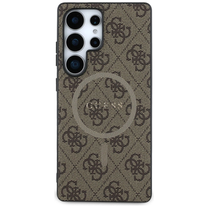 Guess Кожен 4G цветен пръстен с класическо лого MagSafe Калъф Samsung Galaxy S25 Ultra кафяв