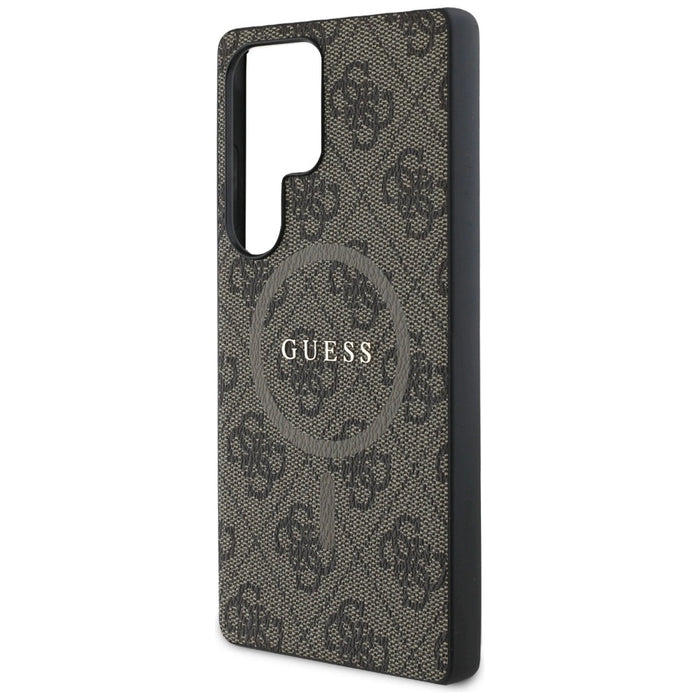 Guess Кожен 4G цветен пръстен с класическо лого MagSafe Калъф Samsung Galaxy S25 Ultra кафяв