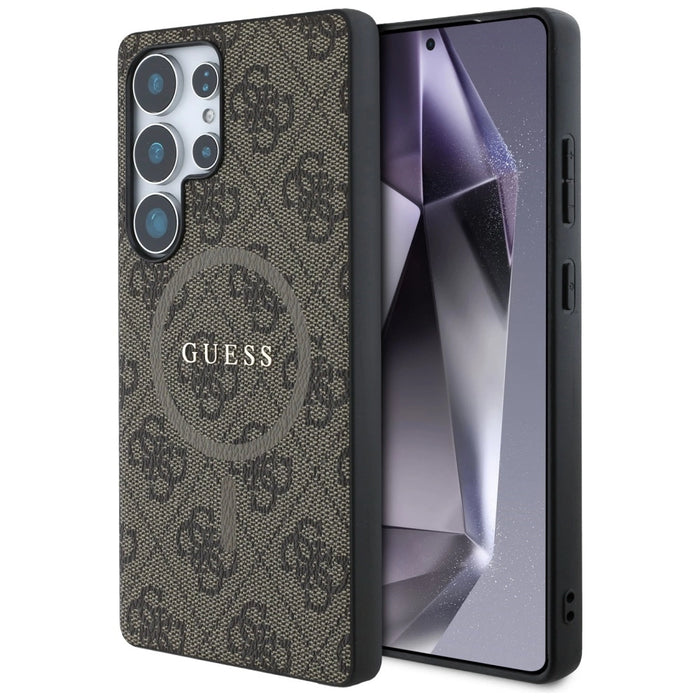 Guess Кожен 4G цветен пръстен с класическо лого MagSafe Калъф Samsung Galaxy S25 Ultra кафяв