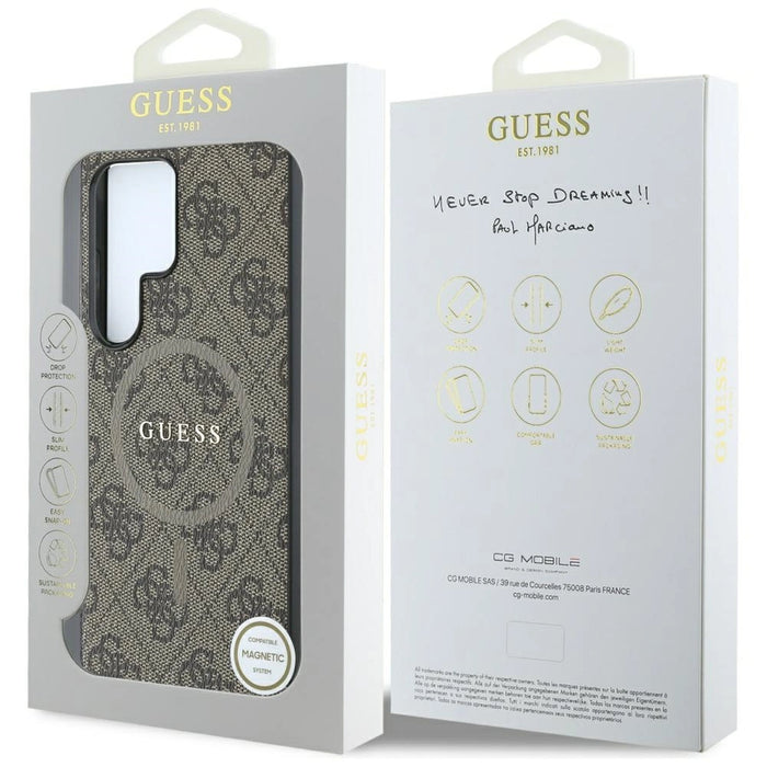 Guess Кожен 4G цветен пръстен с класическо лого MagSafe Калъф Samsung Galaxy S25 Ultra кафяв