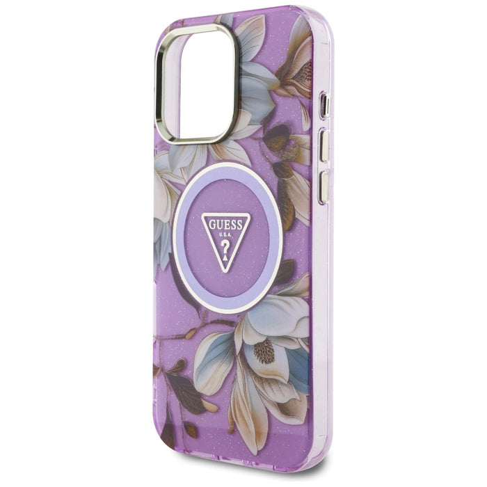 Калъф Guess Glitter Flowers Triangle Buttons MagSafe Case за iPhone 16 Pro Max Purple