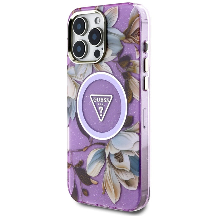Калъф Guess Glitter Flowers Triangle Buttons MagSafe Case за iPhone 16 Pro Max Purple