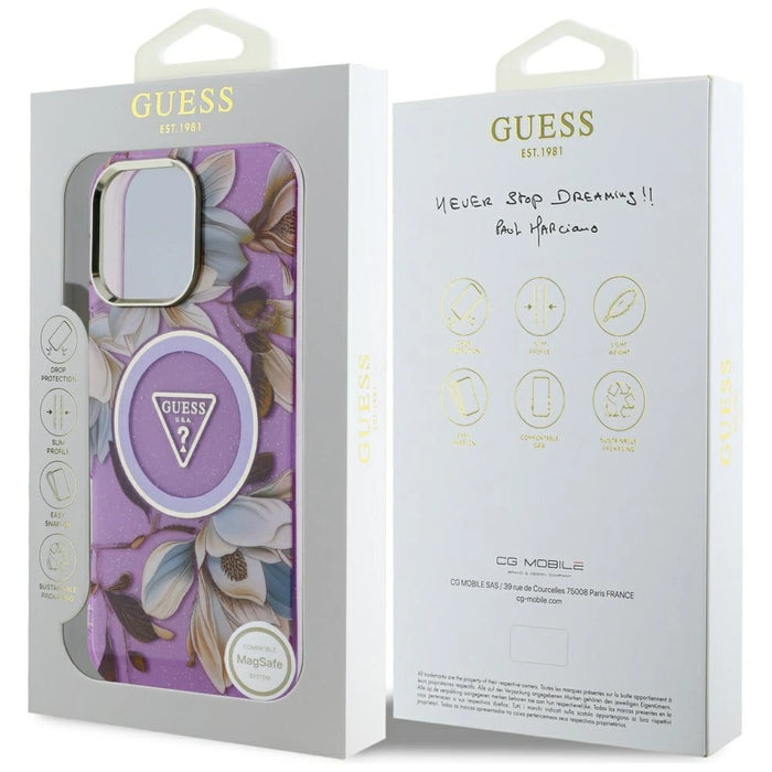 Калъф Guess Glitter Flowers Triangle Buttons MagSafe Case за iPhone 16 Pro Max Purple