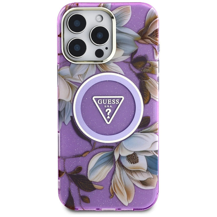 Калъф Guess Glitter Flowers Triangle Buttons MagSafe Case за iPhone 16 Pro Max Purple