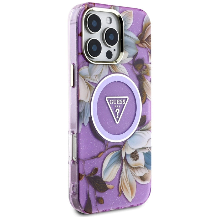 Калъф Guess Glitter Flowers Triangle Buttons MagSafe Case за iPhone 16 Pro Max Purple