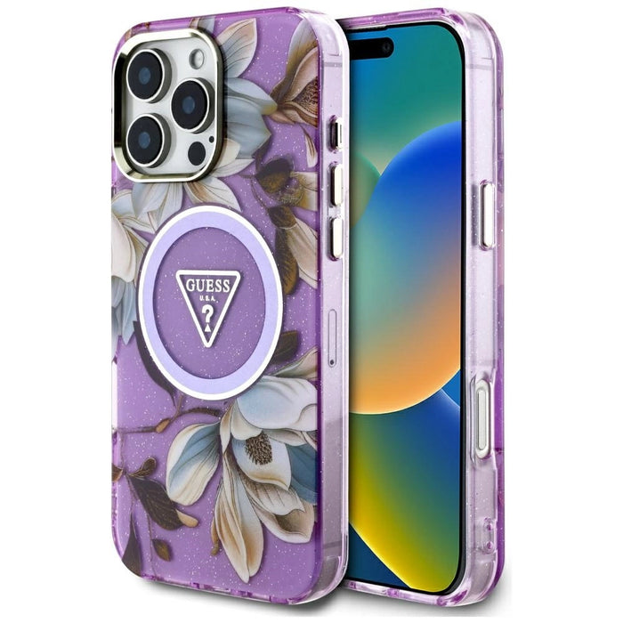 Калъф Guess Glitter Flowers Triangle Buttons MagSafe Case за iPhone 16 Pro Max Purple