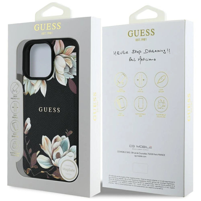 Калъф Guess Grained Printed Flower Pattern MagSafe за iPhone 16 Pro черен