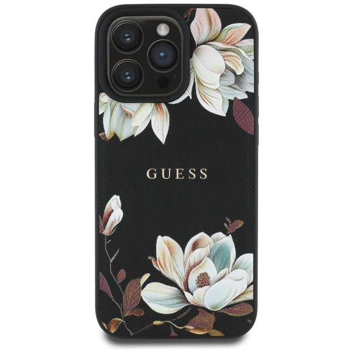 Калъф Guess Grained Printed Flower Pattern MagSafe за iPhone 16 Pro черен