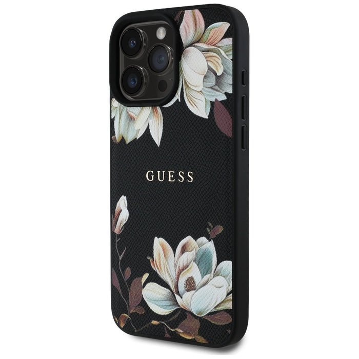Калъф Guess Grained Printed Flower Pattern MagSafe за iPhone 16 Pro Max черен