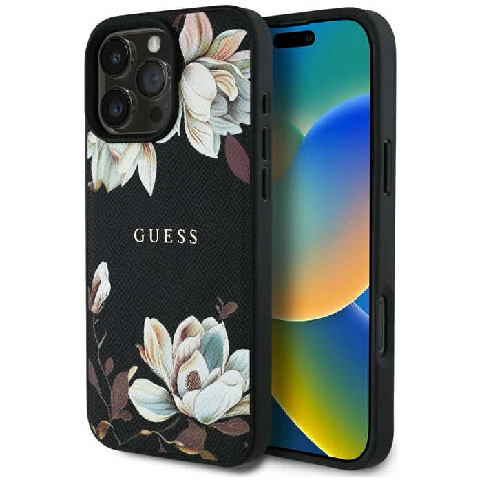 Калъф Guess Grained Printed Flower Pattern MagSafe за iPhone 16 Pro Max черен