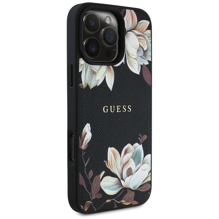 Калъф Guess Grained Printed Flower Pattern MagSafe за iPhone 16 Pro Max черен