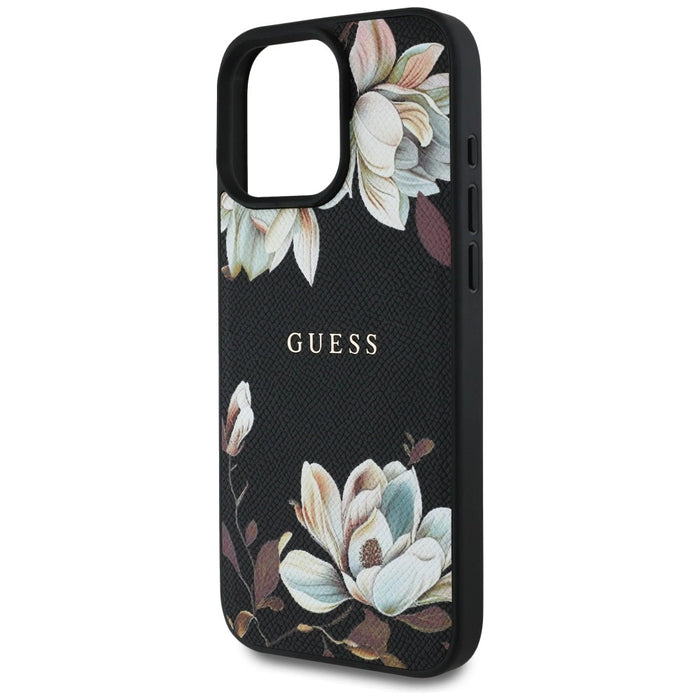 Калъф Guess Grained Printed Flower Pattern MagSafe за iPhone 16 Pro Max черен