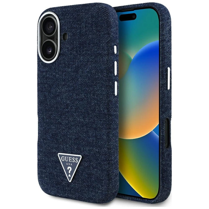 Калъф Guess Denim Triangle Logo MagSafe за iPhone 16 - син