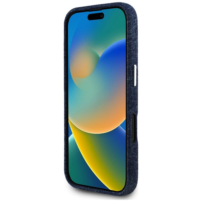 Калъф Guess Denim Triangle Logo MagSafe за iPhone 16 - син