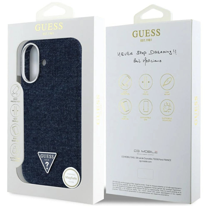 Калъф Guess Denim Triangle Logo MagSafe за iPhone 16 - син