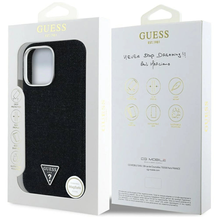 Калъф Guess Denim Triangle Logo MagSafe за iPhone 16 Pro Max - черен