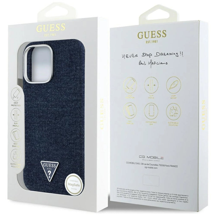Калъф Guess Denim Triangle Logo MagSafe за iPhone 16 Pro - син
