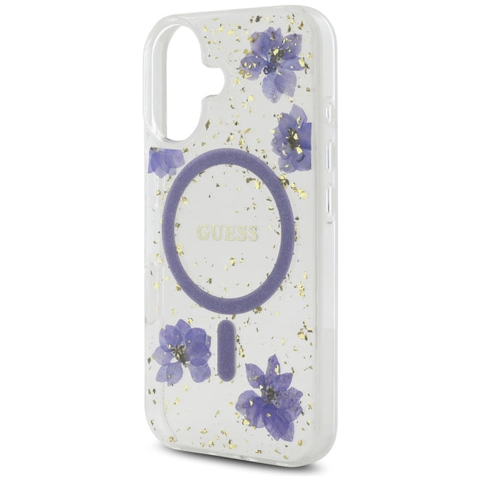 Калъф Guess Resin Flowers Glitter MagSafe за iPhone 16 - лилав