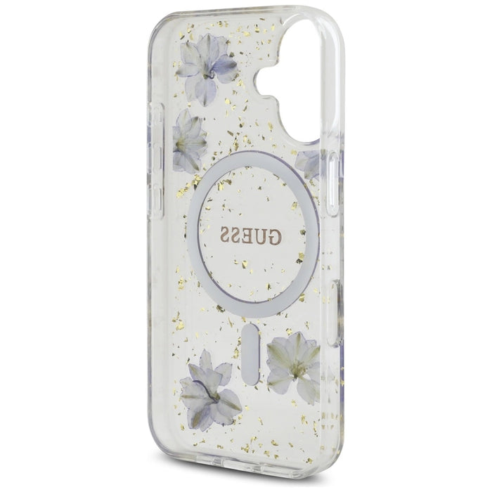 Калъф Guess Resin Flowers Glitter MagSafe за iPhone 16 - лилав