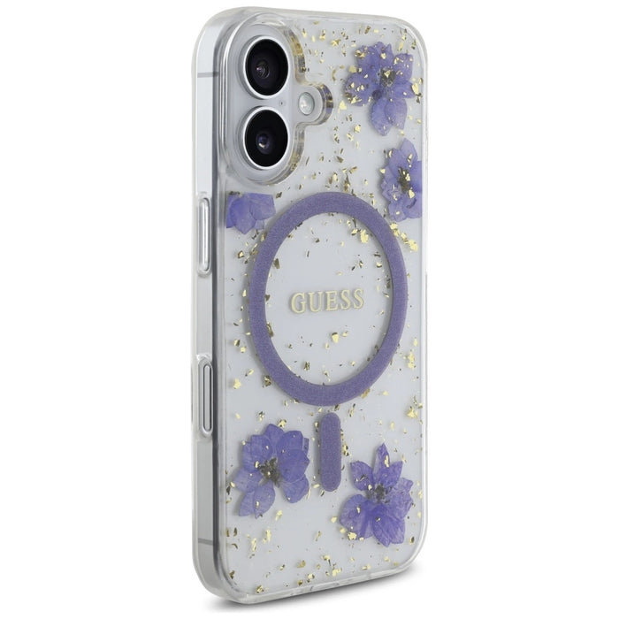 Калъф Guess Resin Flowers Glitter MagSafe за iPhone 16 - лилав