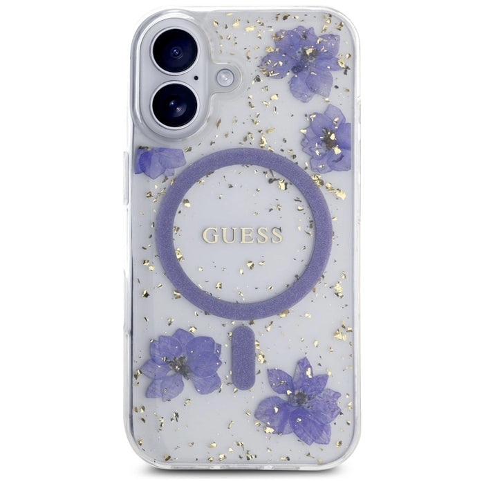Калъф Guess Resin Flowers Glitter MagSafe за iPhone 16 - лилав