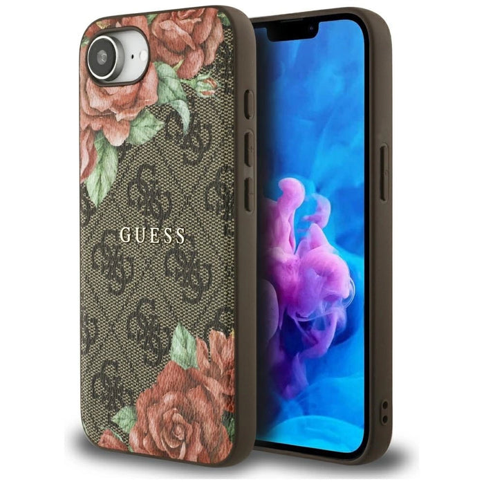 Калъф Guess 4G Flowers Print MagSafe за iPhone 16e - кафяв