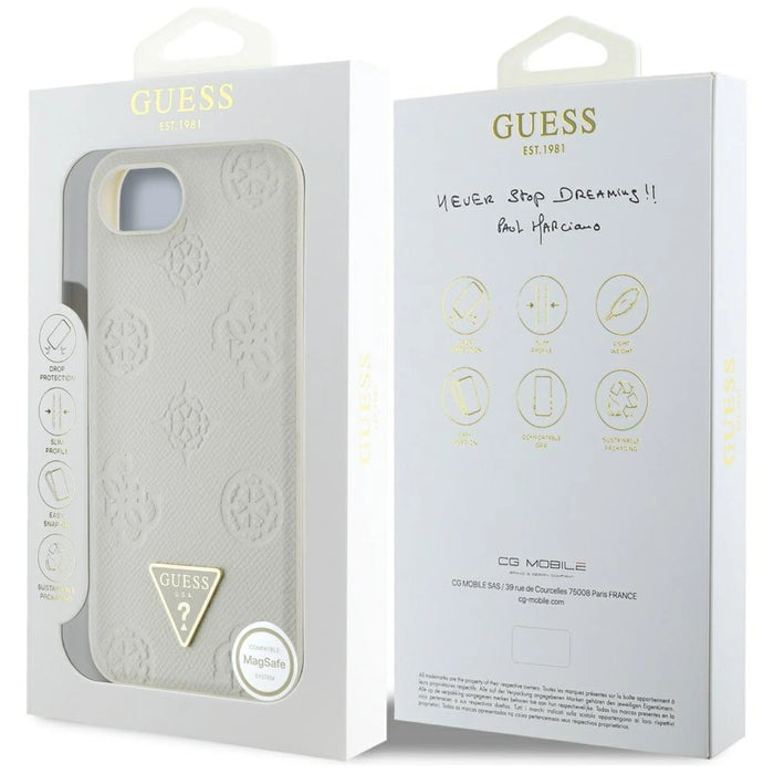 Калъф Guess Grained Hot Stamp Peony Triangle Logo MagSafe за iPhone 16e - бежов
