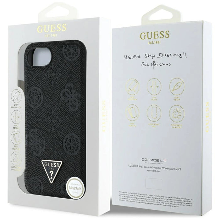 Guess Grained Hot Stamp Peony Triangle Logo MagSafe Case за iPhone 16e - черен