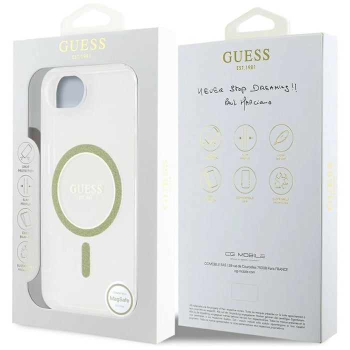 Калъф Guess IML Glitter Circle MagSafe за iPhone 16e - прозрачен