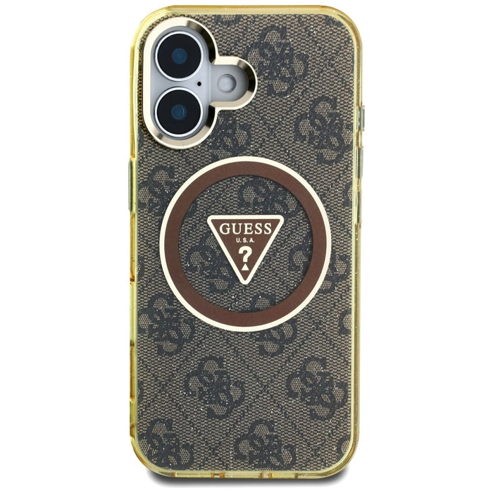 Guess IML Metal Glitter 4G Circle Triangle MagSafe Case за iPhone 16 - кафяв