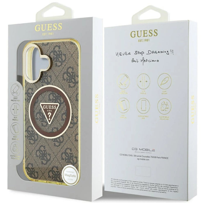 Guess IML Metal Glitter 4G Circle Triangle MagSafe Case за iPhone 16 - кафяв