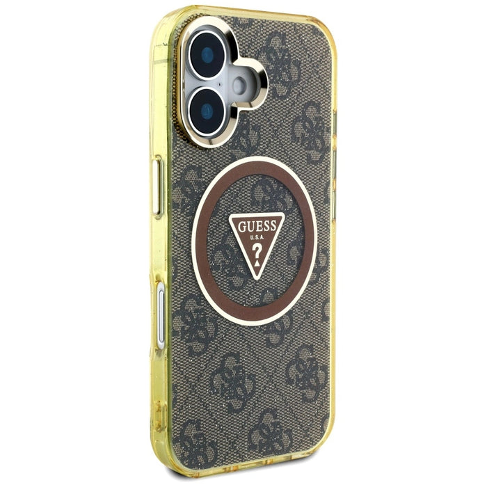 Guess IML Metal Glitter 4G Circle Triangle MagSafe Case за iPhone 16 - кафяв