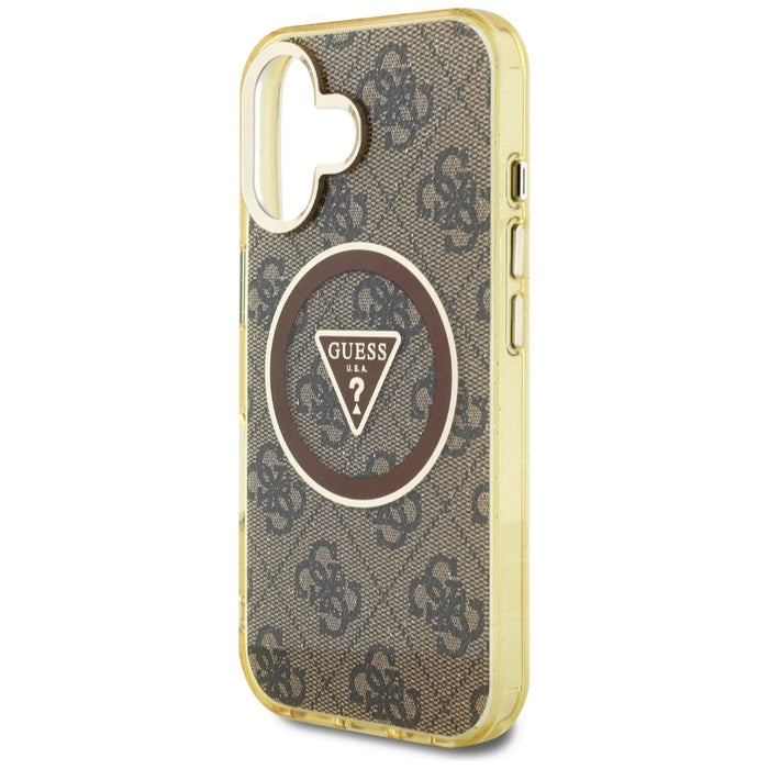 Guess IML Metal Glitter 4G Circle Triangle MagSafe Case за iPhone 16 - кафяв