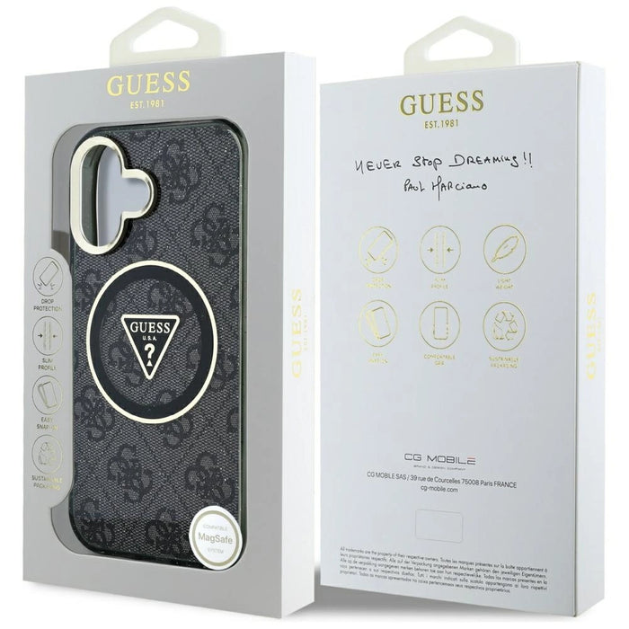 Guess IML Metal Glitter 4G Circle Triangle MagSafe Case за iPhone 16 - черен
