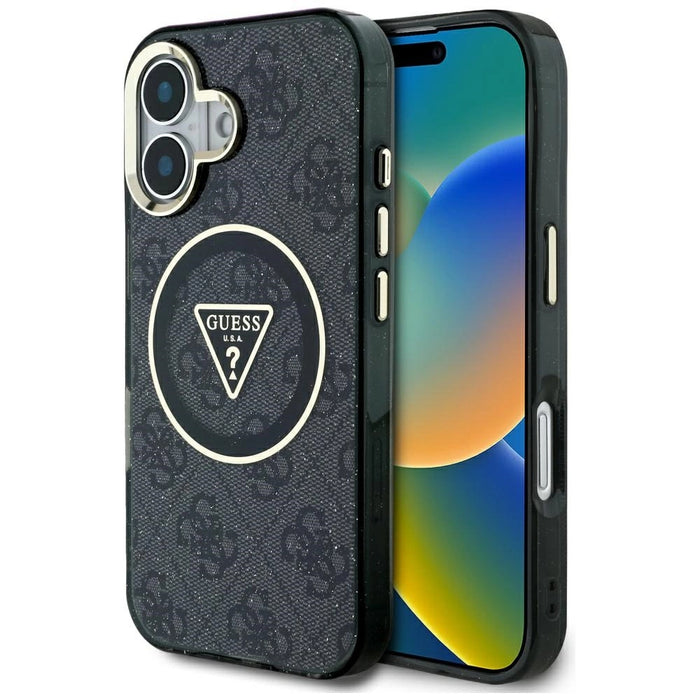 Guess IML Metal Glitter 4G Circle Triangle MagSafe Case за iPhone 16 - черен