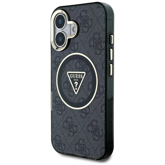 Guess IML Metal Glitter 4G Circle Triangle MagSafe Case за iPhone 16 - черен