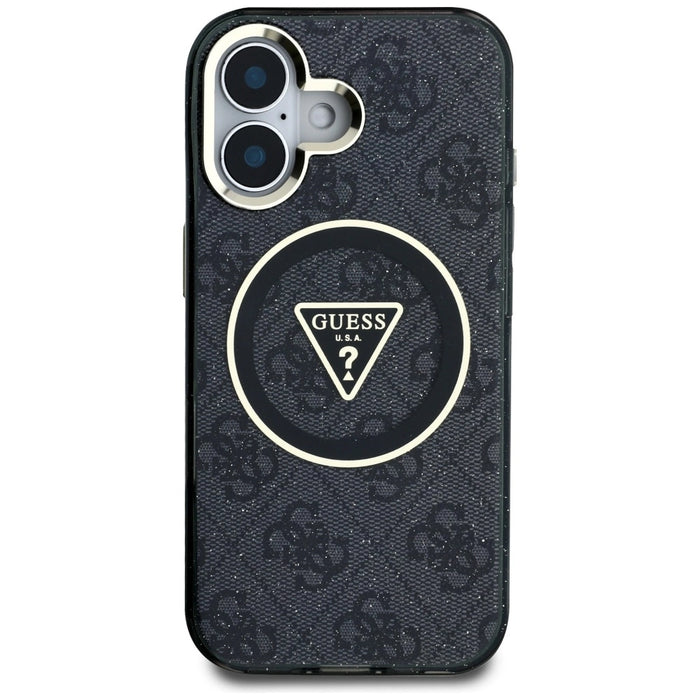 Guess IML Metal Glitter 4G Circle Triangle MagSafe Case за iPhone 16 - черен
