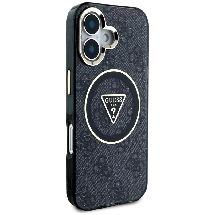 Guess IML Metal Glitter 4G Circle Triangle MagSafe Case за iPhone 16 - черен