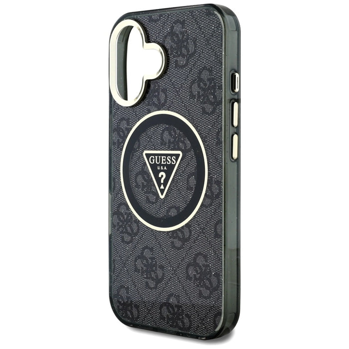 Guess IML Metal Glitter 4G Circle Triangle MagSafe Case за iPhone 16 - черен